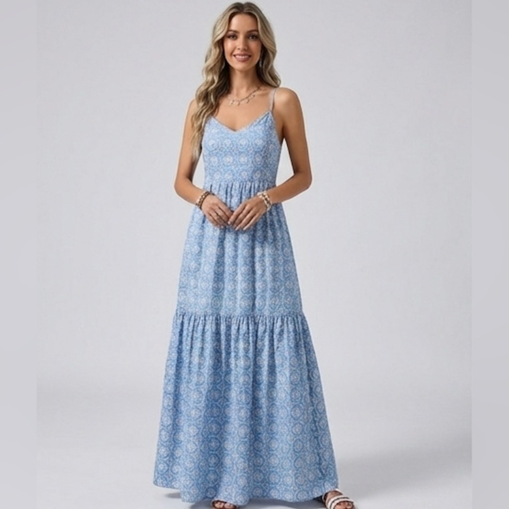 Blue & White Boho Eyelet Embroidered Tiered Maxi Dress - Picture 1 of 10